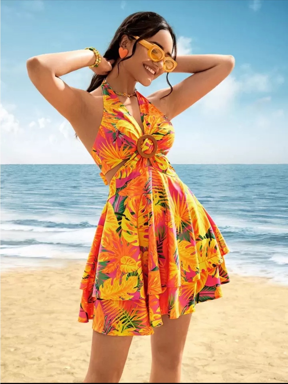 SHEIN Tropical Print O-Ring Detail Layered Hem Tie Backless Halter Dress size M